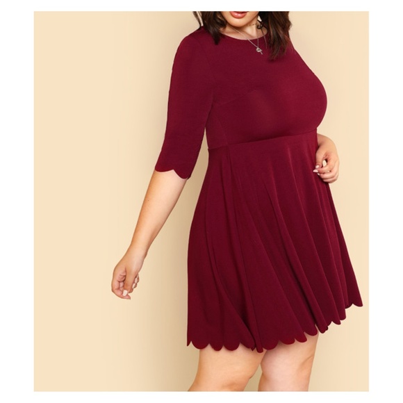 MBM Unlimited Dresses & Skirts - Burgundy Red 3/4 Sleeve Fit & Flare Scallop Dress